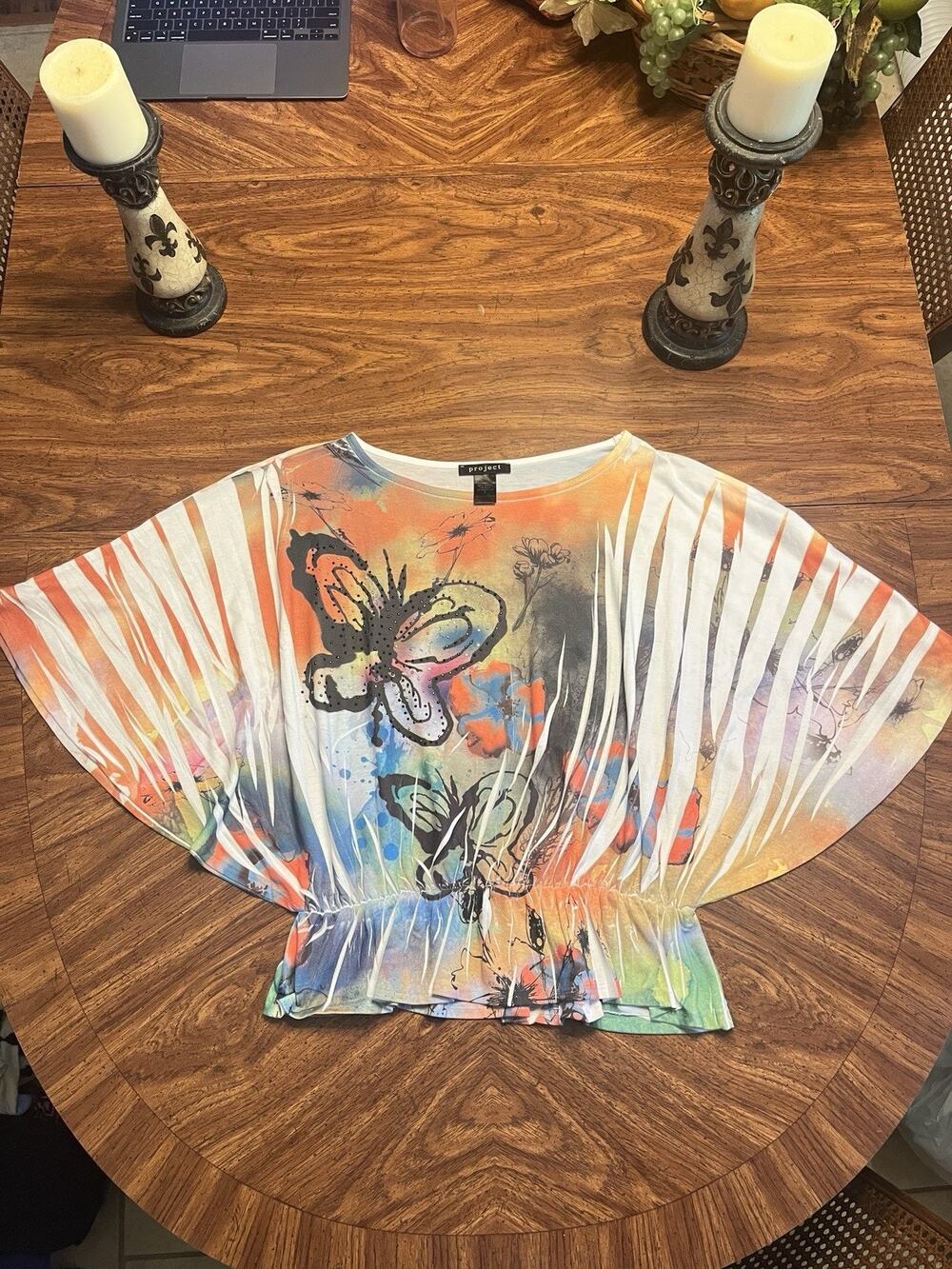 Project Festive Vibe Multicoloured Butterfly Print Top Ruched Sleeves Size L